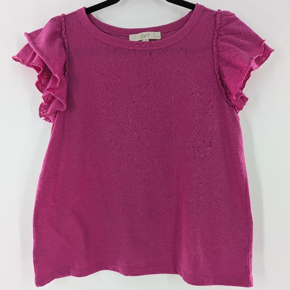 LOFT Magenta Pink Ruffle Flutter Sleeve Slub Knit Tee Top Cottagecore Boho MP